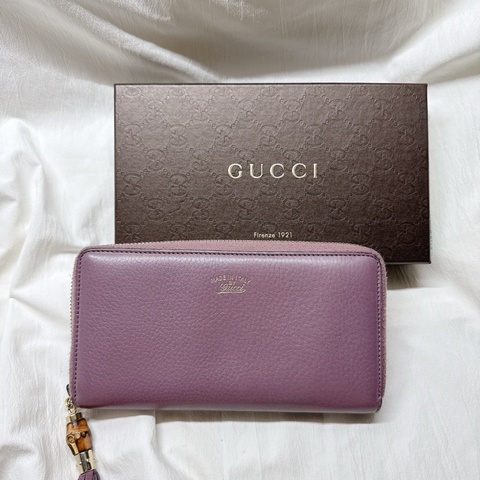 二手正品Gucci紫芋竹節牛皮流蘇拉鍊長夾 Gucci皮夾 Gucci長夾 Gucci包