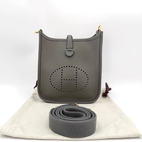 HERMES 愛馬仕 Mini Evelyne16 伊芙琳 金扣 Clemence牛皮 單肩斜挎包 積雨雲灰