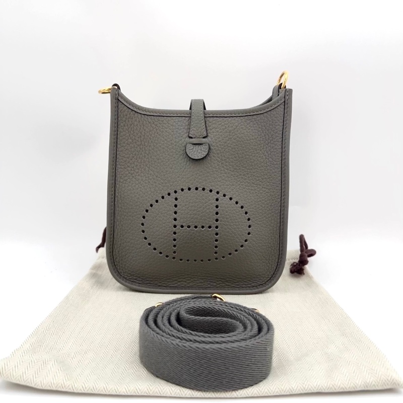 HERMES 愛馬仕 Mini Evelyne16 伊芙琳 金扣 Clemence牛皮 單肩斜挎包 積雨雲灰-0