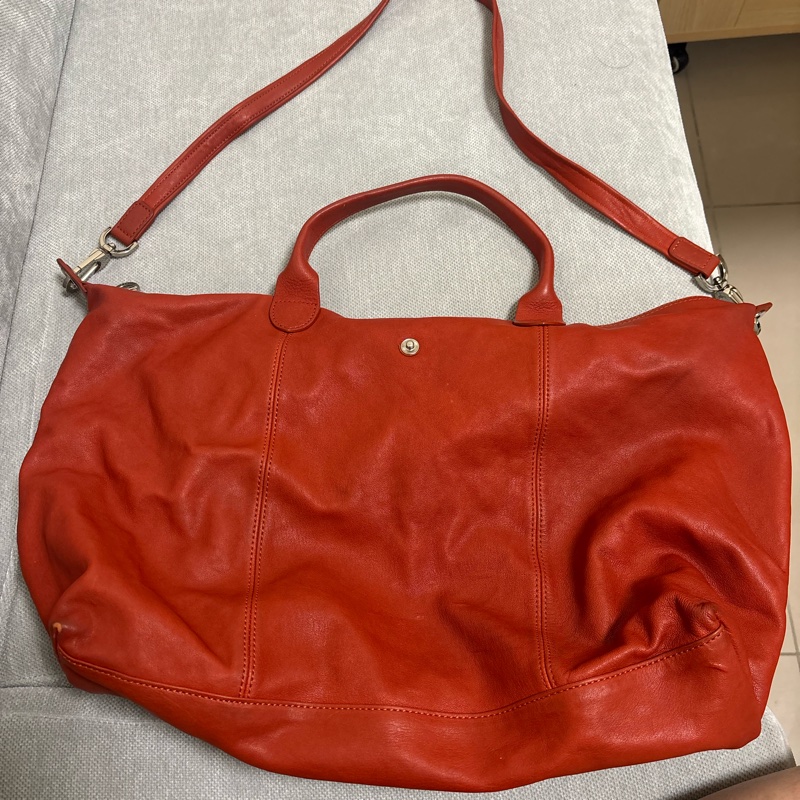 Longchamp Le Pliage Cuir 小羊皮大容量兩用包｜紅色｜附長背帶｜經典摺疊皮革款-5