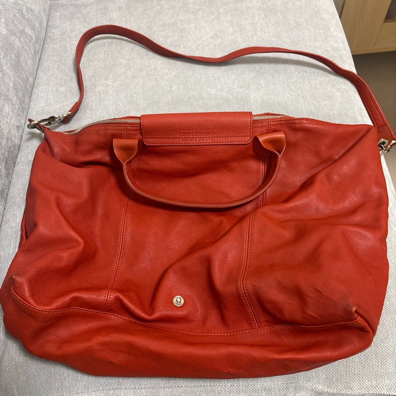 Longchamp Le Pliage Cuir 小羊皮大容量兩用包｜紅色｜附長背帶｜經典摺疊皮革款-6