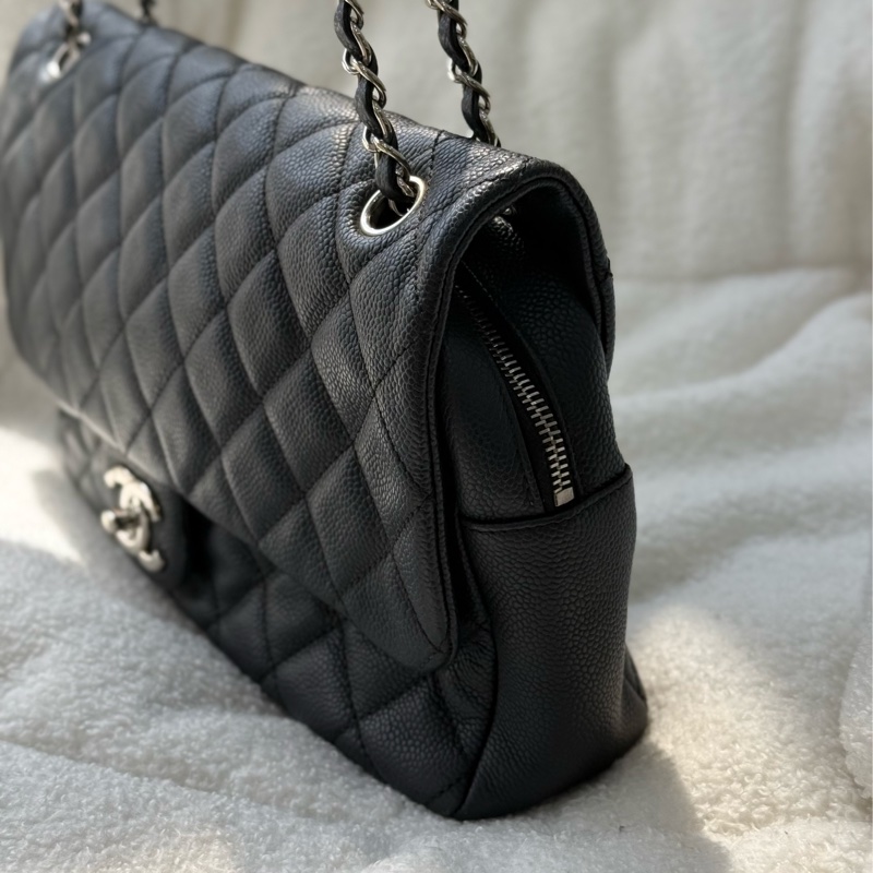 Chanel Easy Flap 黑銀荔枝拉鍊款jumbo ✨ 大號黑銀CF-3