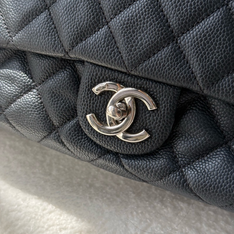 Chanel Easy Flap 黑銀荔枝拉鍊款jumbo ✨ 大號黑銀CF-5