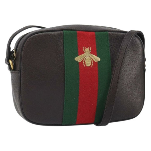 GUCCI Web Sherry Line Bee Bag 皮革深棕色金色紅色 412008 Auth ka1667V