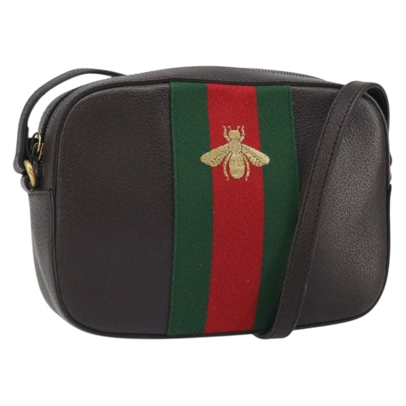 【日本直送】GUCCI Web Sherry Line Bee Bag 皮革深棕色金色紅色 412008 Auth ka1667V-0