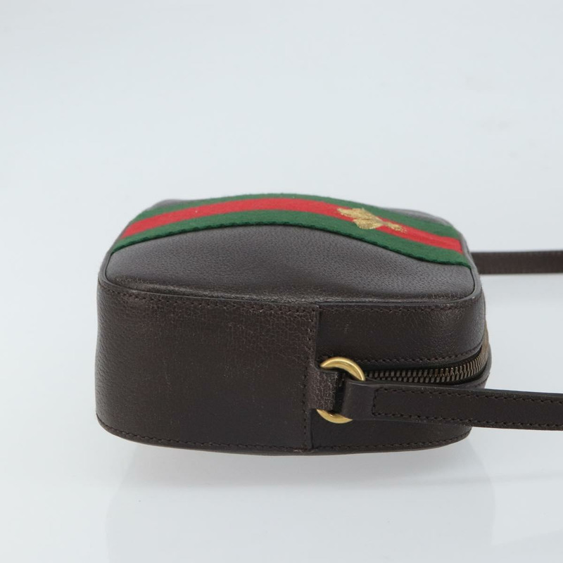 【日本直送】GUCCI Web Sherry Line Bee Bag 皮革深棕色金色紅色 412008 Auth ka1667V-2