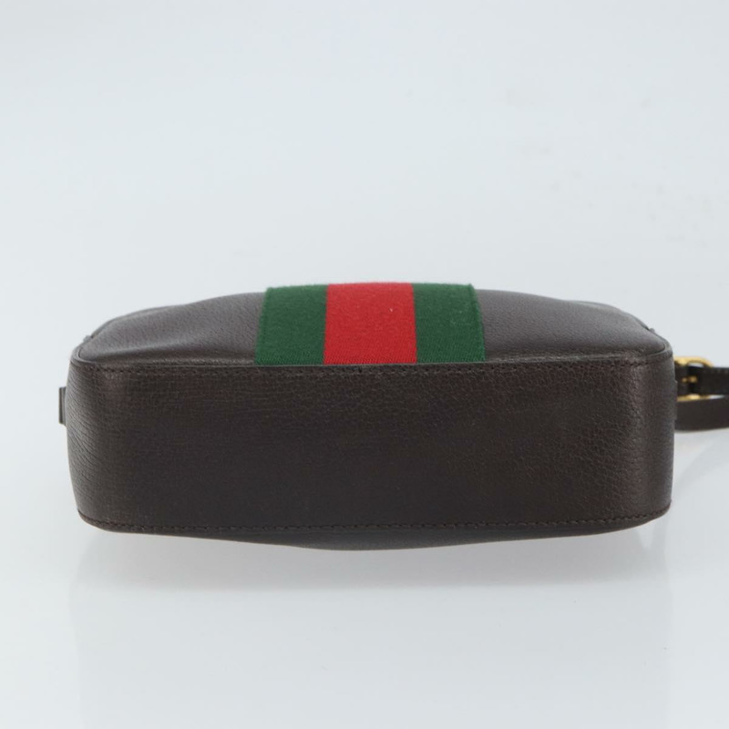 【日本直送】GUCCI Web Sherry Line Bee Bag 皮革深棕色金色紅色 412008 Auth ka1667V-4