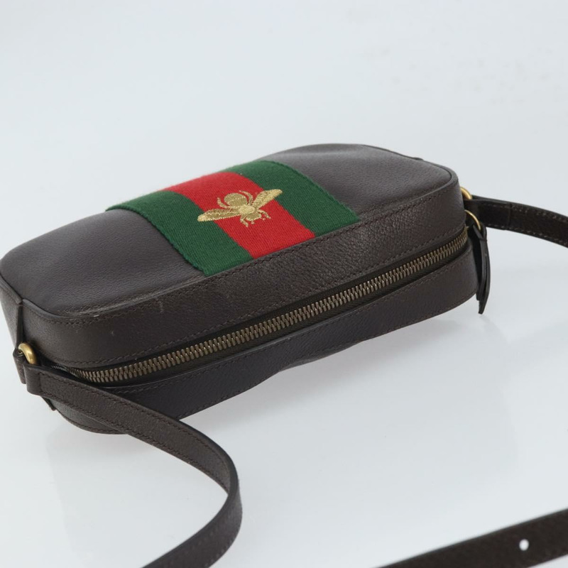 【日本直送】GUCCI Web Sherry Line Bee Bag 皮革深棕色金色紅色 412008 Auth ka1667V-5