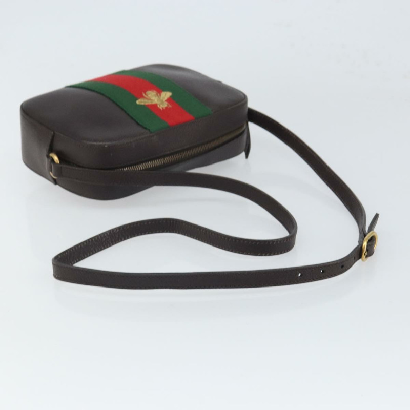 【日本直送】GUCCI Web Sherry Line Bee Bag 皮革深棕色金色紅色 412008 Auth ka1667V-6