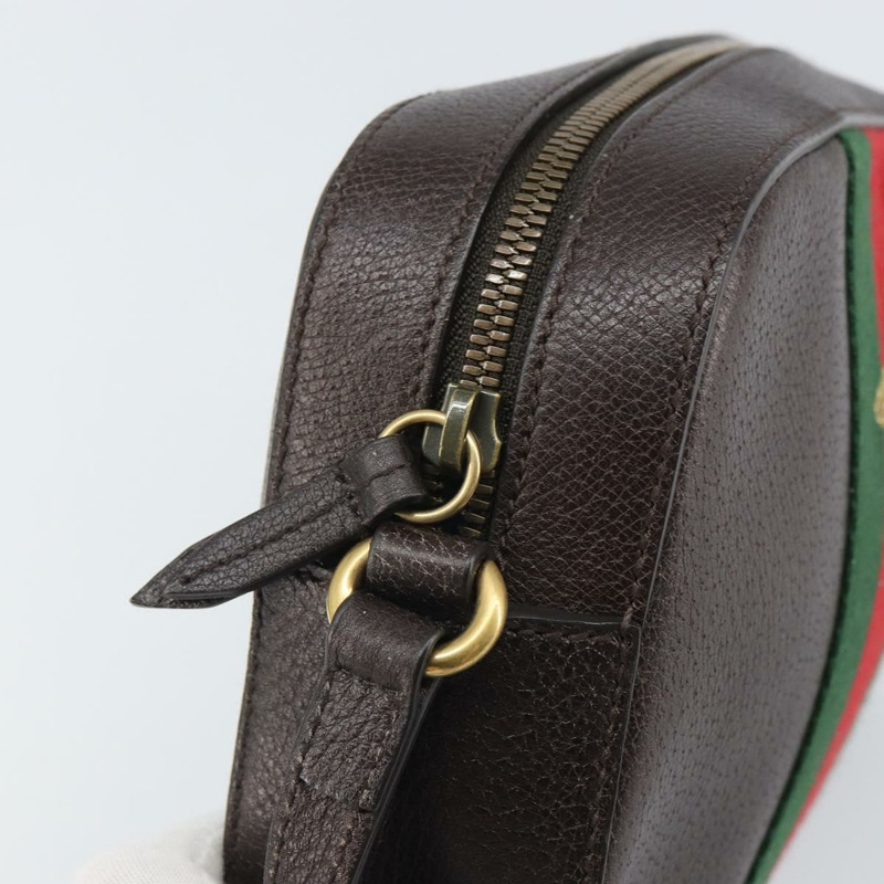【日本直送】GUCCI Web Sherry Line Bee Bag 皮革深棕色金色紅色 412008 Auth ka1667V-8