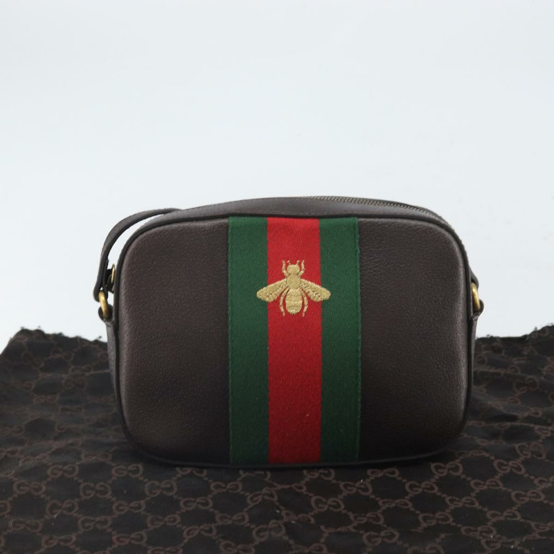 【日本直送】GUCCI Web Sherry Line Bee Bag 皮革深棕色金色紅色 412008 Auth ka1667V-11
