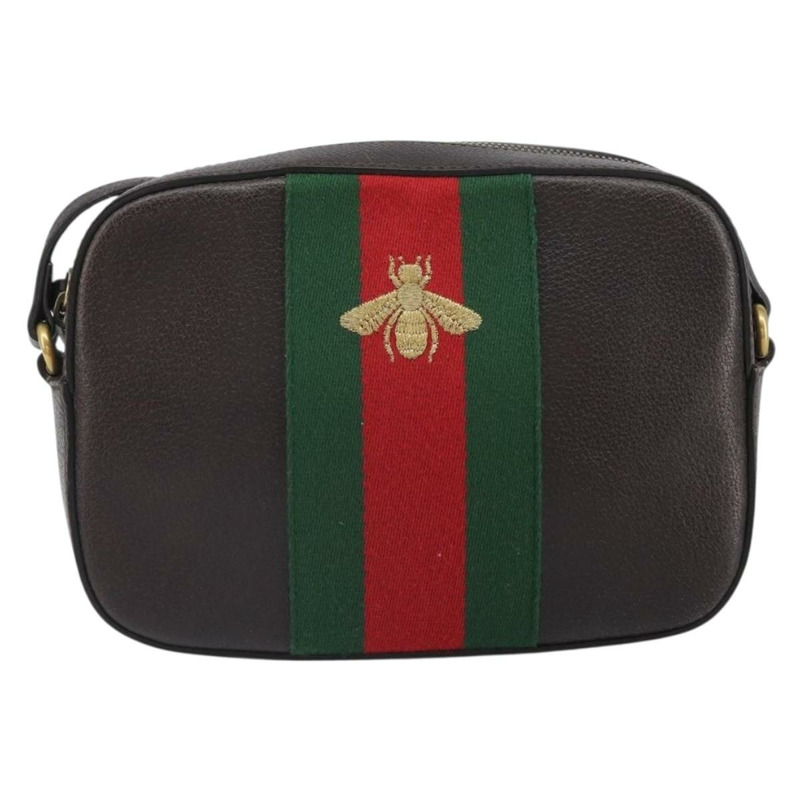 【日本直送】GUCCI Web Sherry Line Bee Bag 皮革深棕色金色紅色 412008 Auth ka1667V-12
