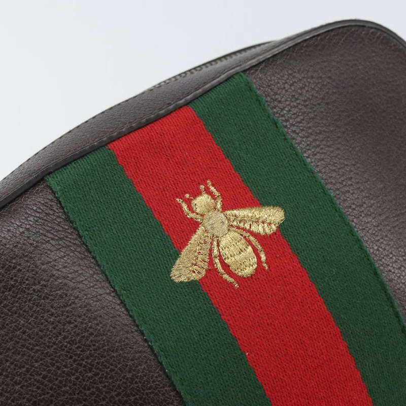 【日本直送】GUCCI Web Sherry Line Bee Bag 皮革深棕色金色紅色 412008 Auth ka1667V-17