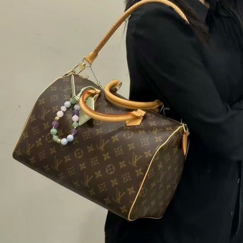 LV限定款Speedy Soft 30枕頭包芯片款經典老花 金扣 淺綠色內里31*21*18 98新配件塵袋鑰匙鎖-0