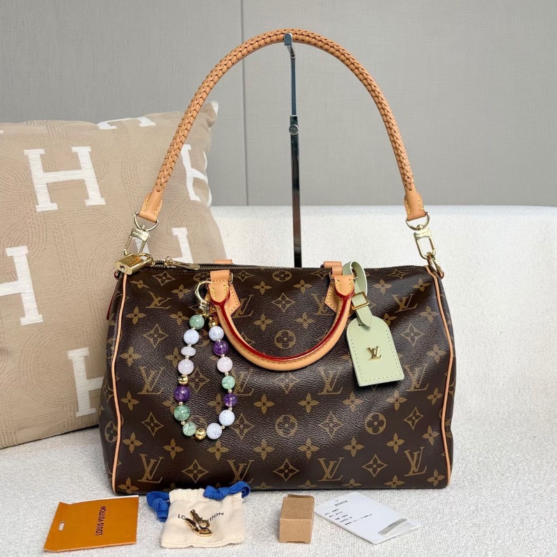 LV限定款Speedy Soft 30枕頭包芯片款經典老花 金扣 淺綠色內里31*21*18 98新配件塵袋鑰匙鎖-1
