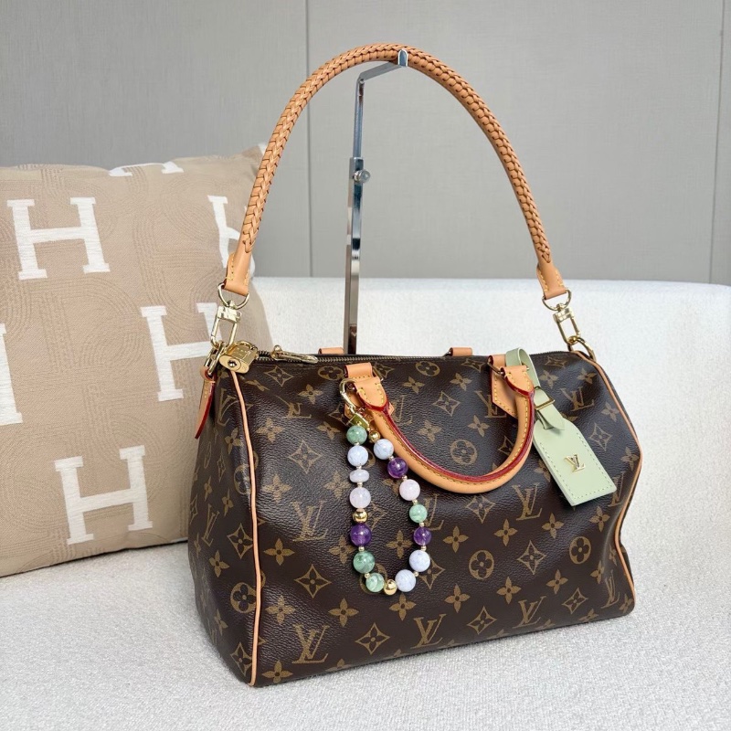 LV限定款Speedy Soft 30枕頭包芯片款經典老花 金扣 淺綠色內里31*21*18 98新配件塵袋鑰匙鎖-3