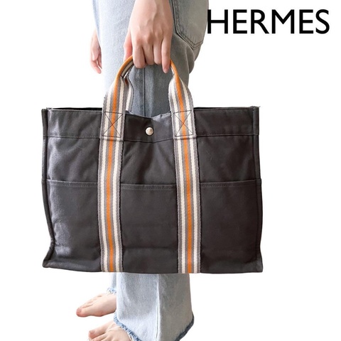 ✔️ 絕版品Hermès 東京銀座限定 Fourre Tout 橘x白x灰條紋手提包/帆布包