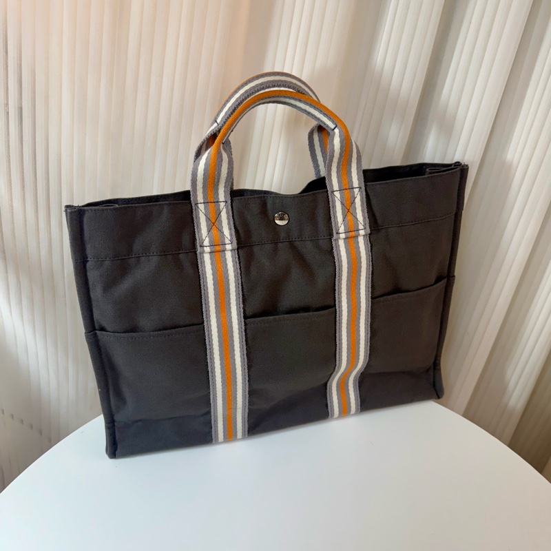 ✔️ 絕版品Hermès 東京銀座限定 Fourre Tout 橘x白x灰條紋手提包/帆布包-2