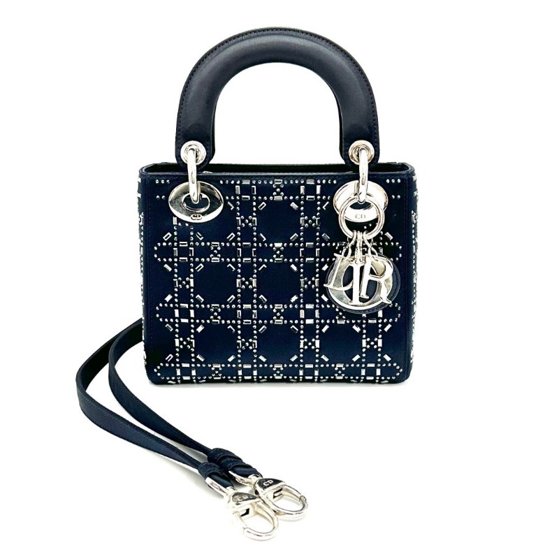 DIOR 藍銀水鑽絲綢緞面三格黛妃肩背斜背包17*15*7 98新配件塵袋-1