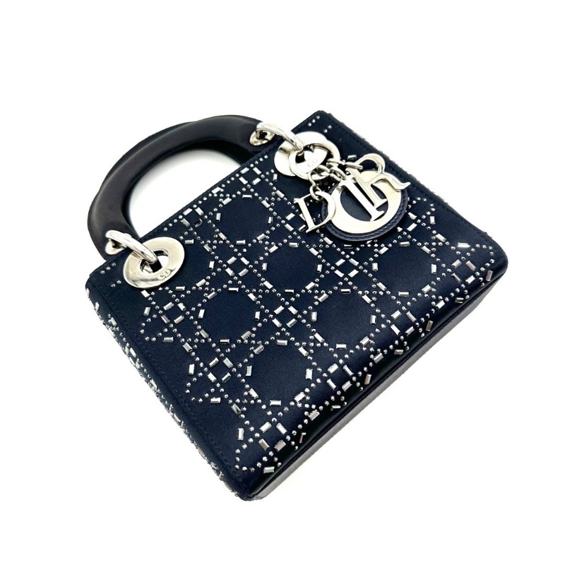 DIOR 藍銀水鑽絲綢緞面三格黛妃肩背斜背包17*15*7 98新配件塵袋-2