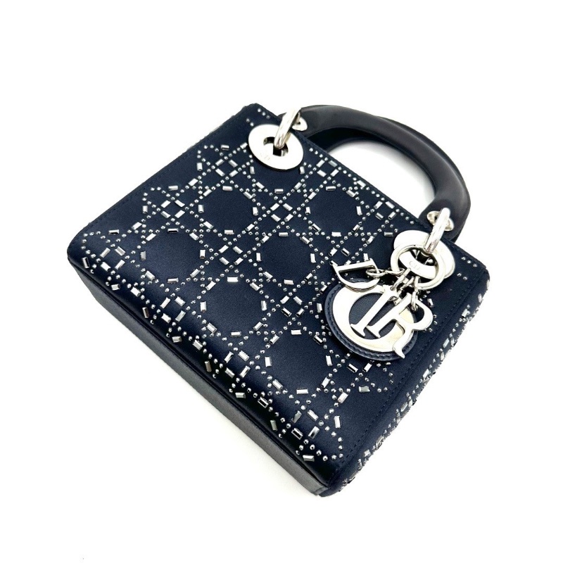 DIOR 藍銀水鑽絲綢緞面三格黛妃肩背斜背包17*15*7 98新配件塵袋-4