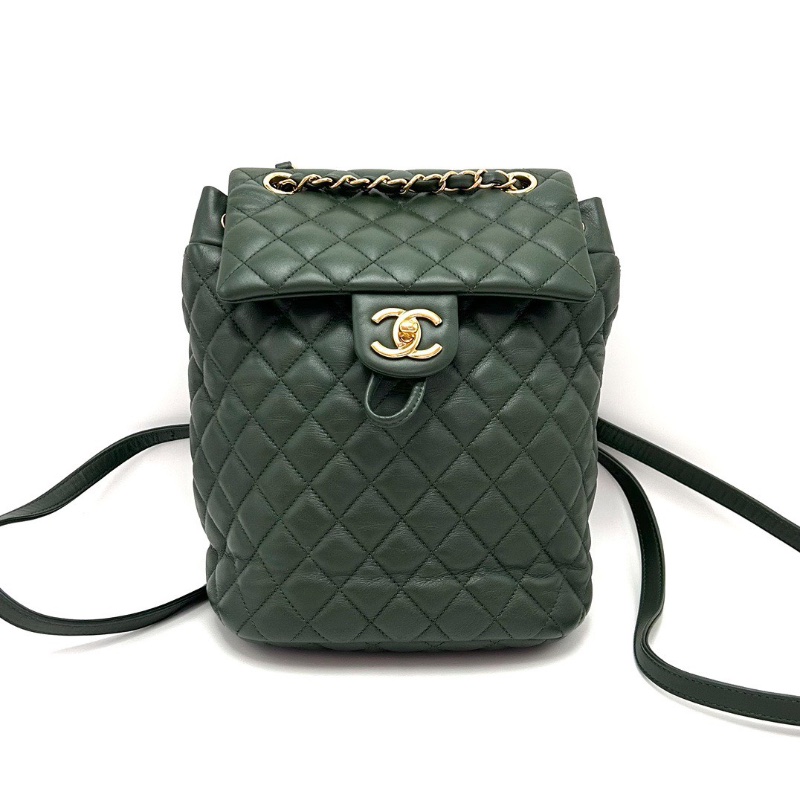 CHANEL 綠色金扣菱格紋 薩爾茨堡後背包20*24*13 98新配件塵袋-1