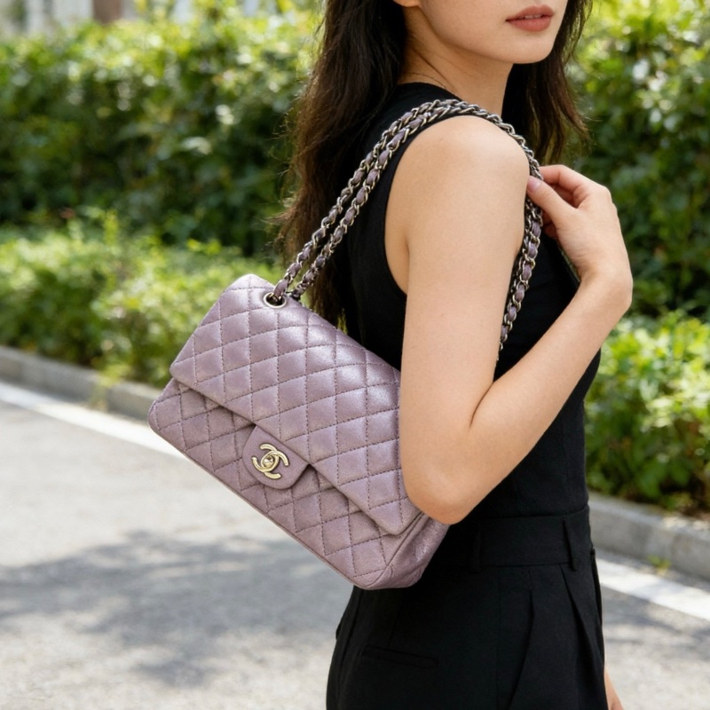 CHANEL珠光粉金扣CF中號鏈條包25*15*7 98新配件塵袋-0