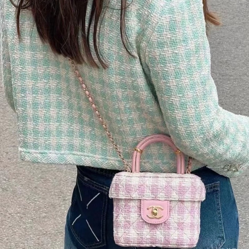 CHANEL 粉白格子 粗花呢金扣手提肩背盒子包 14*13*7.5 98新配件塵袋-0