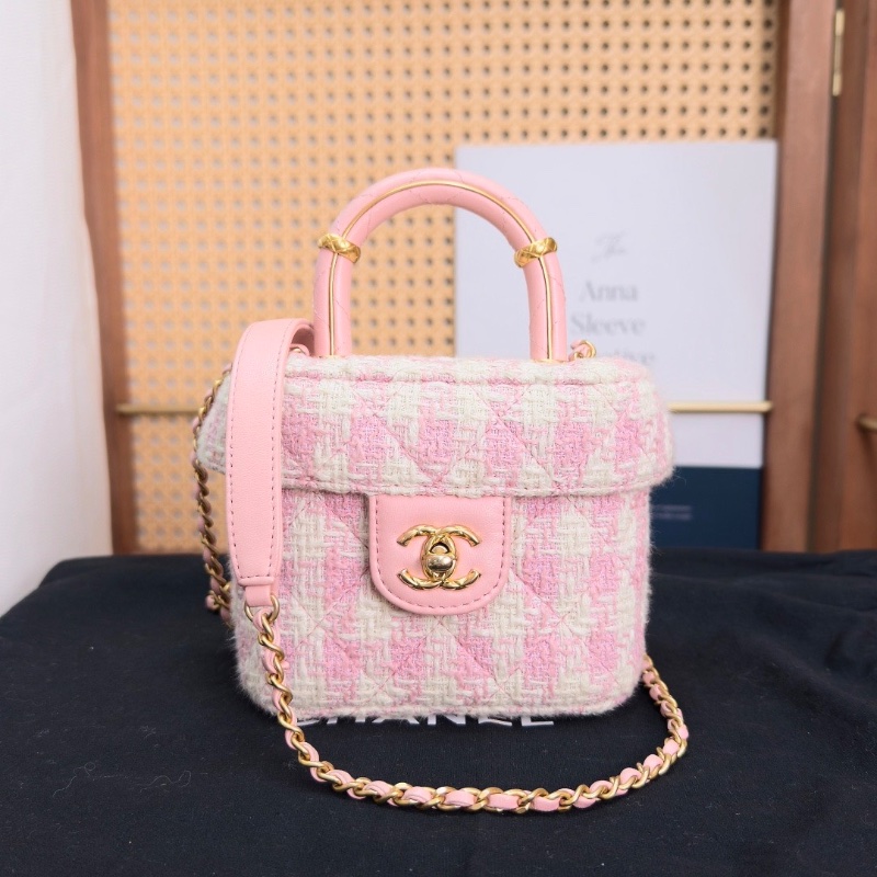 CHANEL 粉白格子 粗花呢金扣手提肩背盒子包 14*13*7.5 98新配件塵袋-1