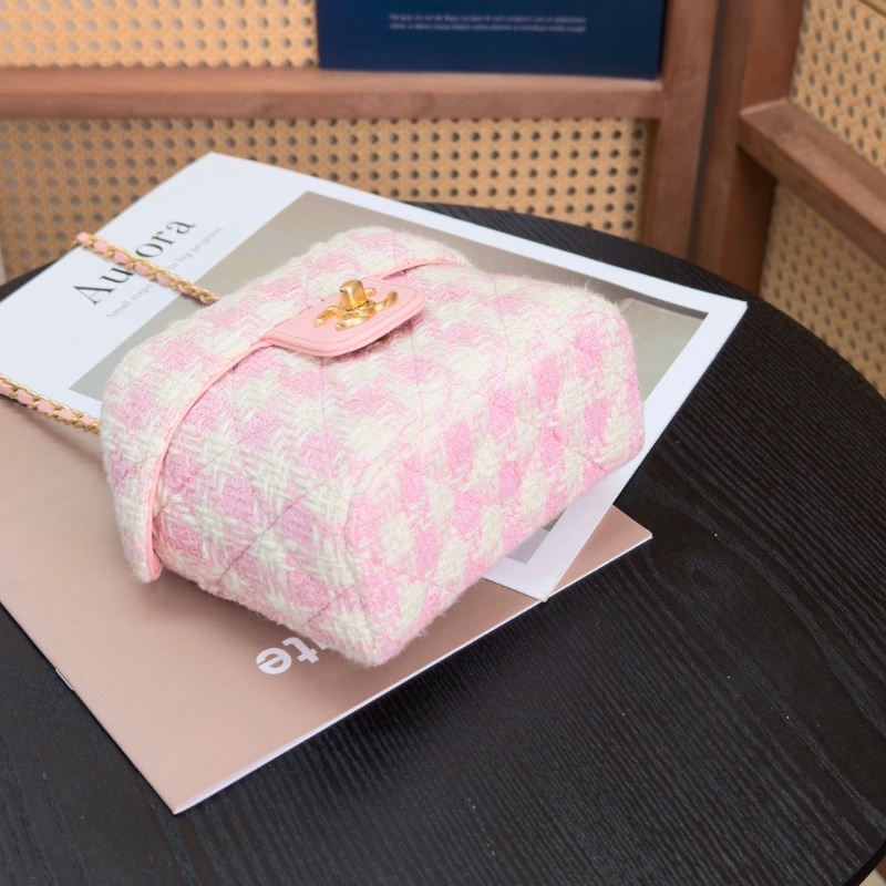 CHANEL 粉白格子 粗花呢金扣手提肩背盒子包 14*13*7.5 98新配件塵袋-3