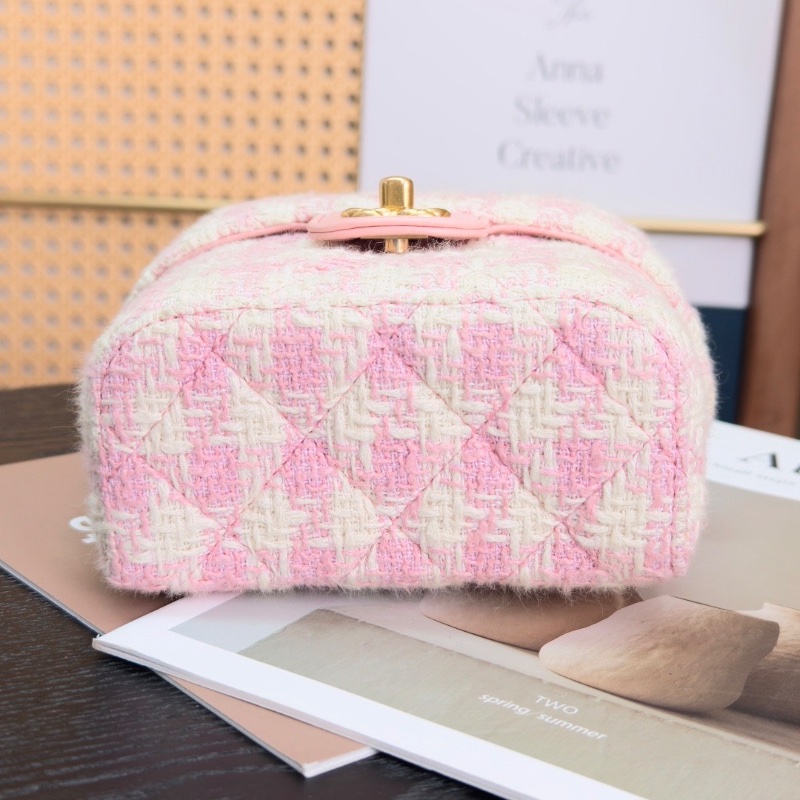 CHANEL 粉白格子 粗花呢金扣手提肩背盒子包 14*13*7.5 98新配件塵袋-4