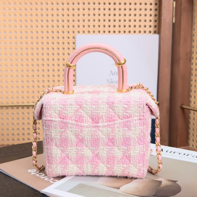 CHANEL 粉白格子 粗花呢金扣手提肩背盒子包 14*13*7.5 98新配件塵袋-6