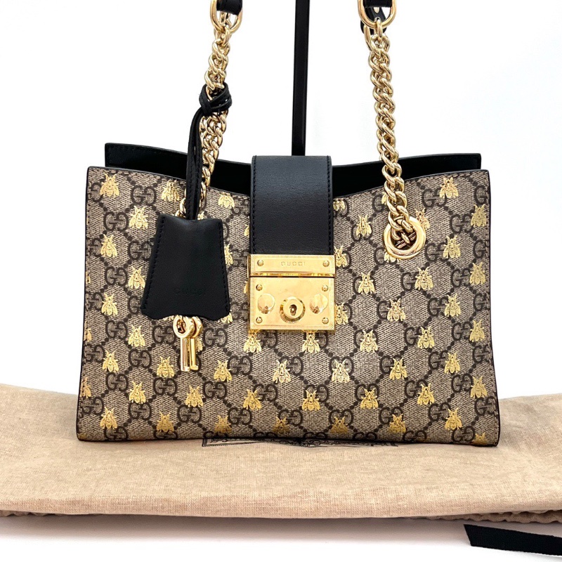 GUCCI 經典老花蜜蜂印花padlock肩背托特包26*17*11 98新配件塵袋-1
