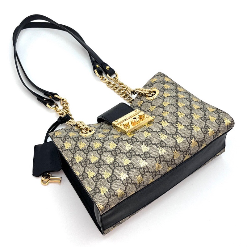 GUCCI 經典老花蜜蜂印花padlock肩背托特包26*17*11 98新配件塵袋-5