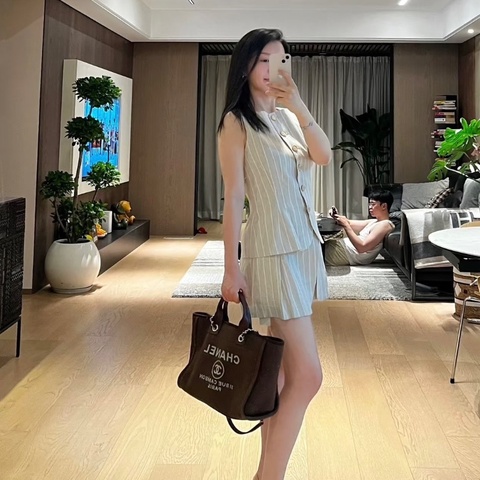 CHANEL 棕色皮穿鏈 大號子母托特肩背手提沙灘包 38.5*30.5*13 99新配件塵袋