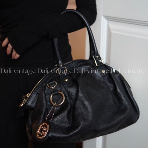 GUCCI 黑金雙G滿印壓花手提托特包34*26*13 98新配件塵袋