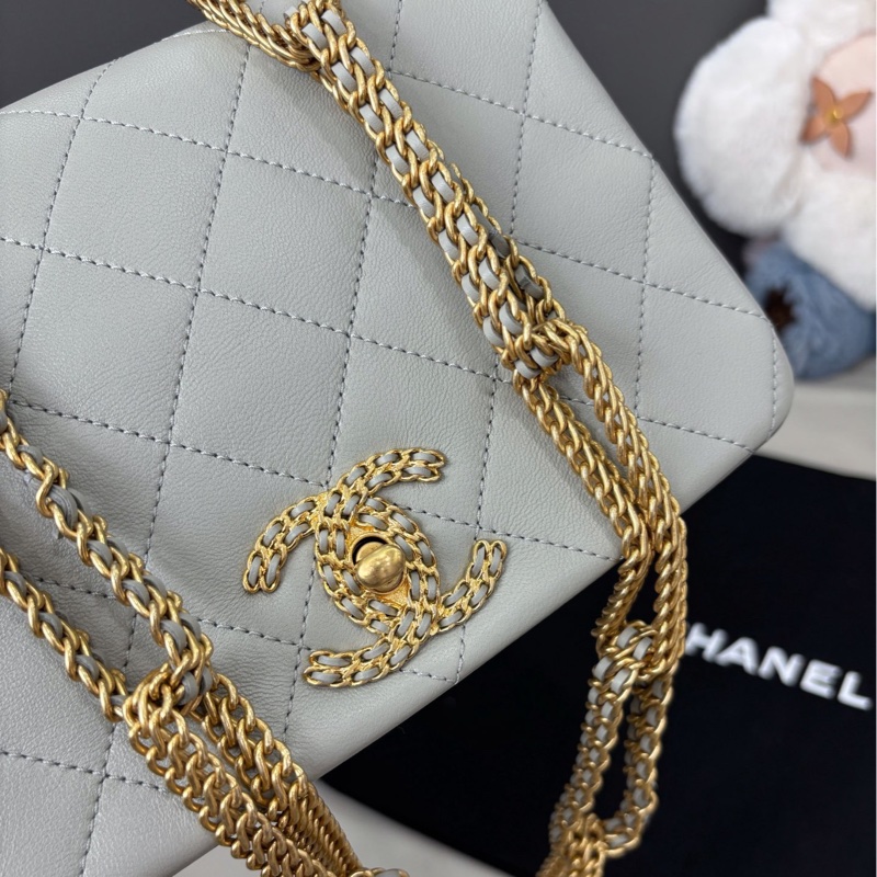 【近新閒置品】香奈兒Chanel 22C淺灰色瀑布鏈條單肩包芯片款-2
