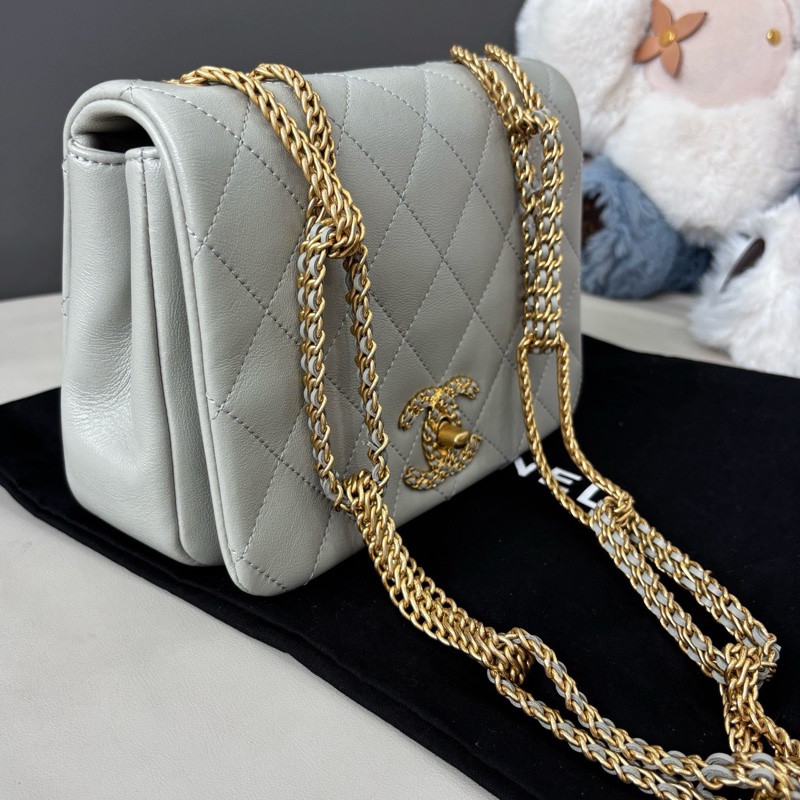 【近新閒置品】香奈兒Chanel 22C淺灰色瀑布鏈條單肩包芯片款-3