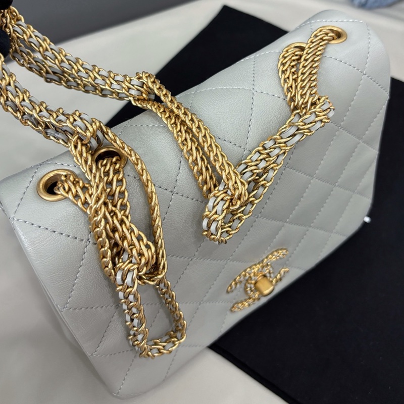 【近新閒置品】香奈兒Chanel 22C淺灰色瀑布鏈條單肩包芯片款-5