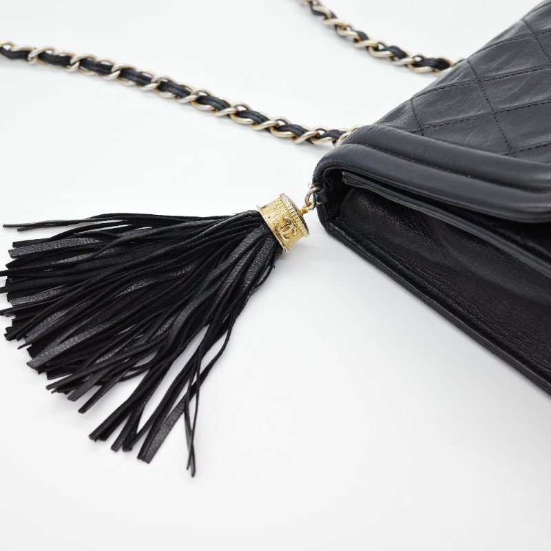 Chanel香奈兒 菱格紋 黑色 羊皮 流蘇鍊條肩背包-8