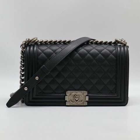 CHANEL Boy25 粒面牛皮口蓋包 - 黑銀29開