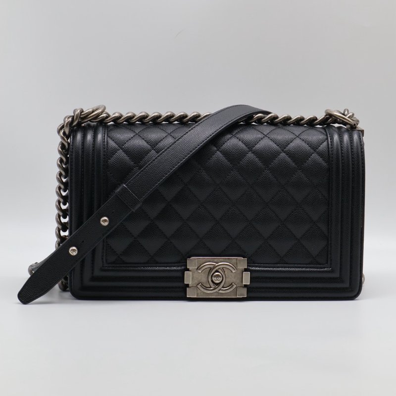 CHANEL Boy25 粒面牛皮口蓋包 - 黑銀29開-0