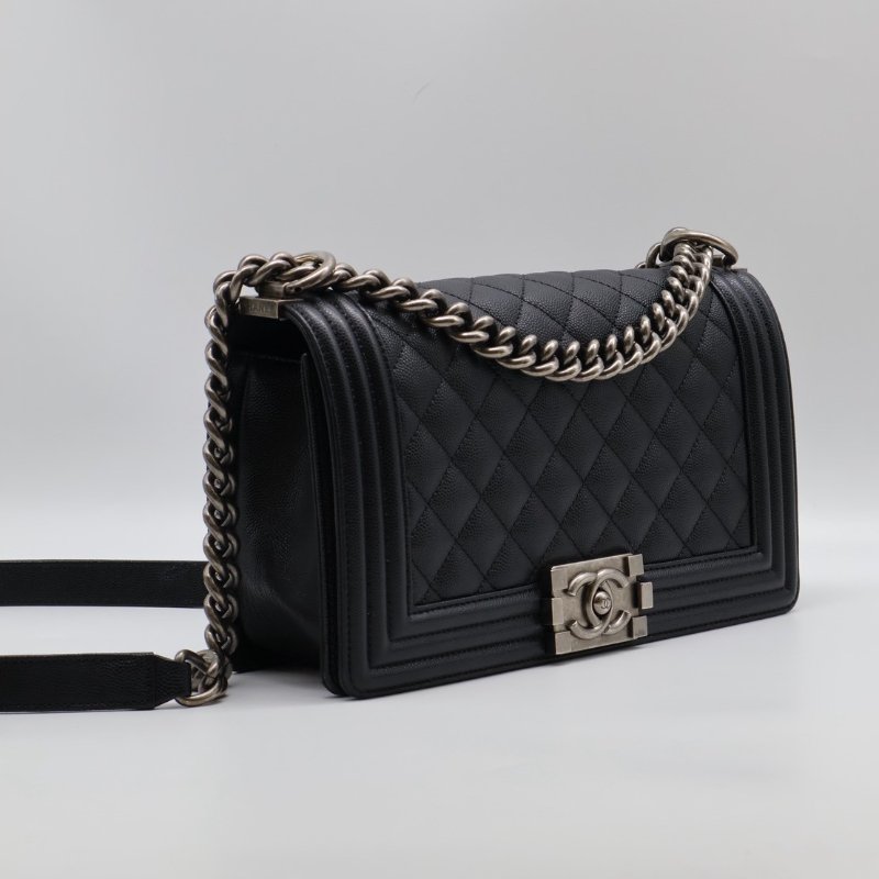 CHANEL Boy25 粒面牛皮口蓋包 - 黑銀29開-11