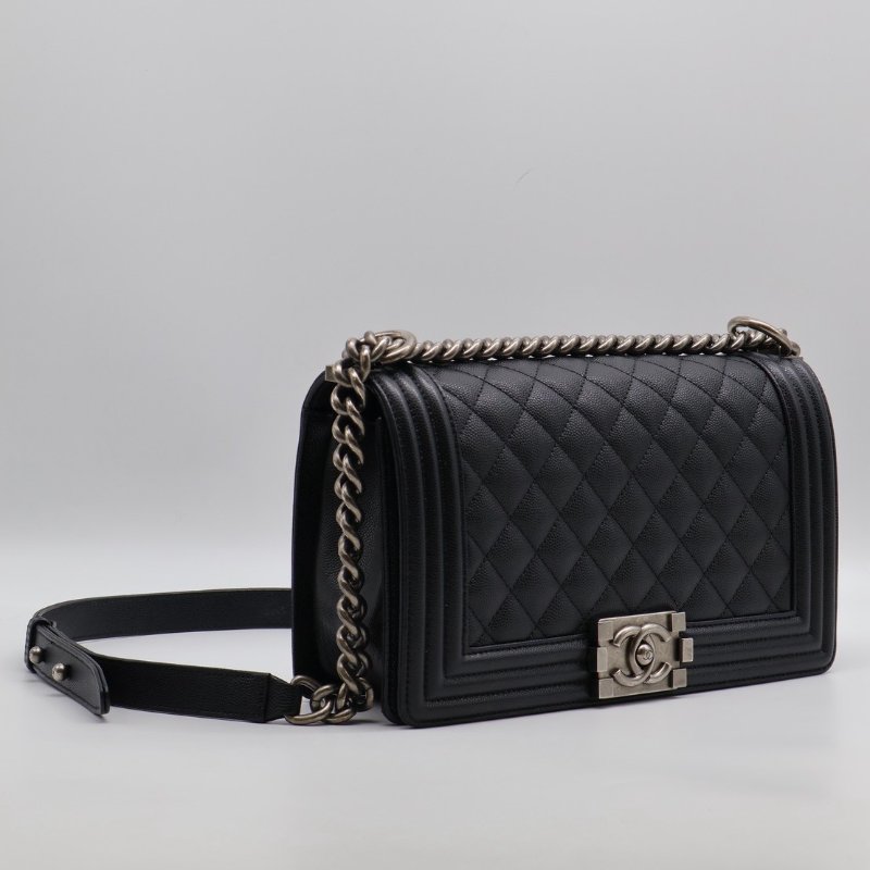 CHANEL Boy25 粒面牛皮口蓋包 - 黑銀29開-2