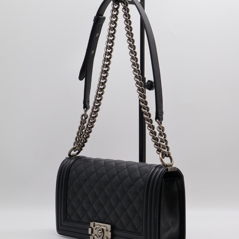 CHANEL Boy25 粒面牛皮口蓋包 - 黑銀29開-15