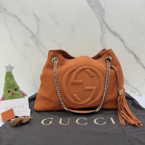 GUCCI Soho麂皮流蘇鏈帶托特包