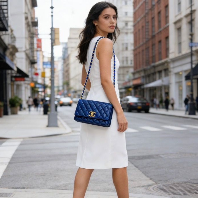 CHANEL藍色金扣油蠟皮鏈條包19*13*4.5 98新配件塵袋-0