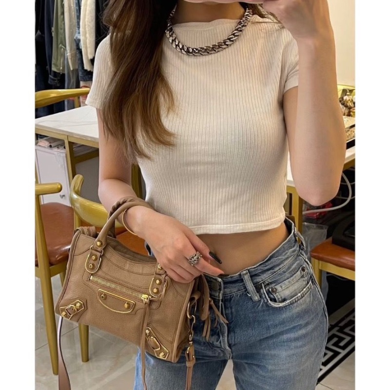 BALENCIAGA棕色金扣 Lecity mini手提機車24*15*9 98新配件塵袋鏡子-0