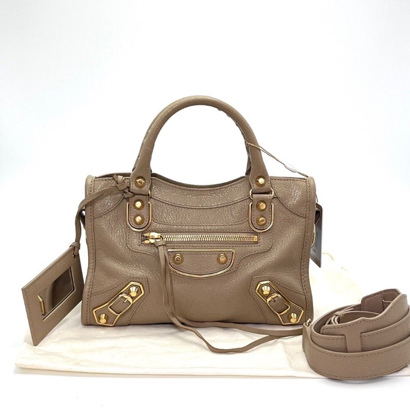 BALENCIAGA棕色金扣 Lecity mini手提機車24*15*9 98新配件塵袋鏡子-1