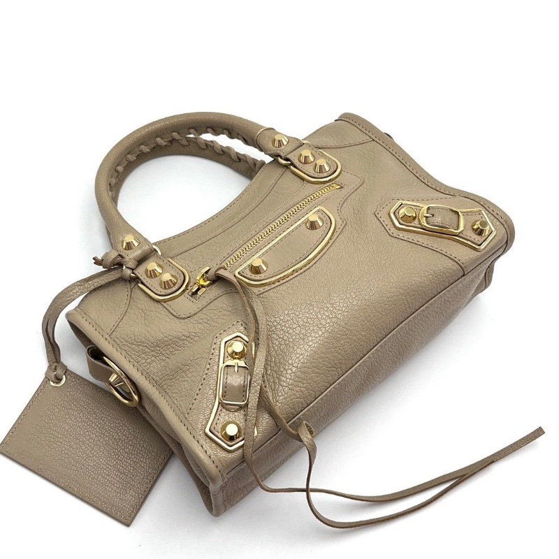 BALENCIAGA棕色金扣 Lecity mini手提機車24*15*9 98新配件塵袋鏡子-3